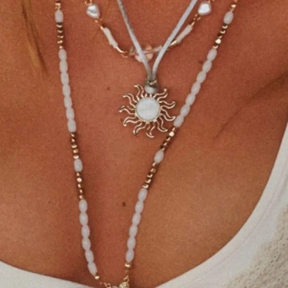 Free People One With The Sun Blue Layered Necklace Sunburst Pendant Beaded Chain - Picture 6 of 13